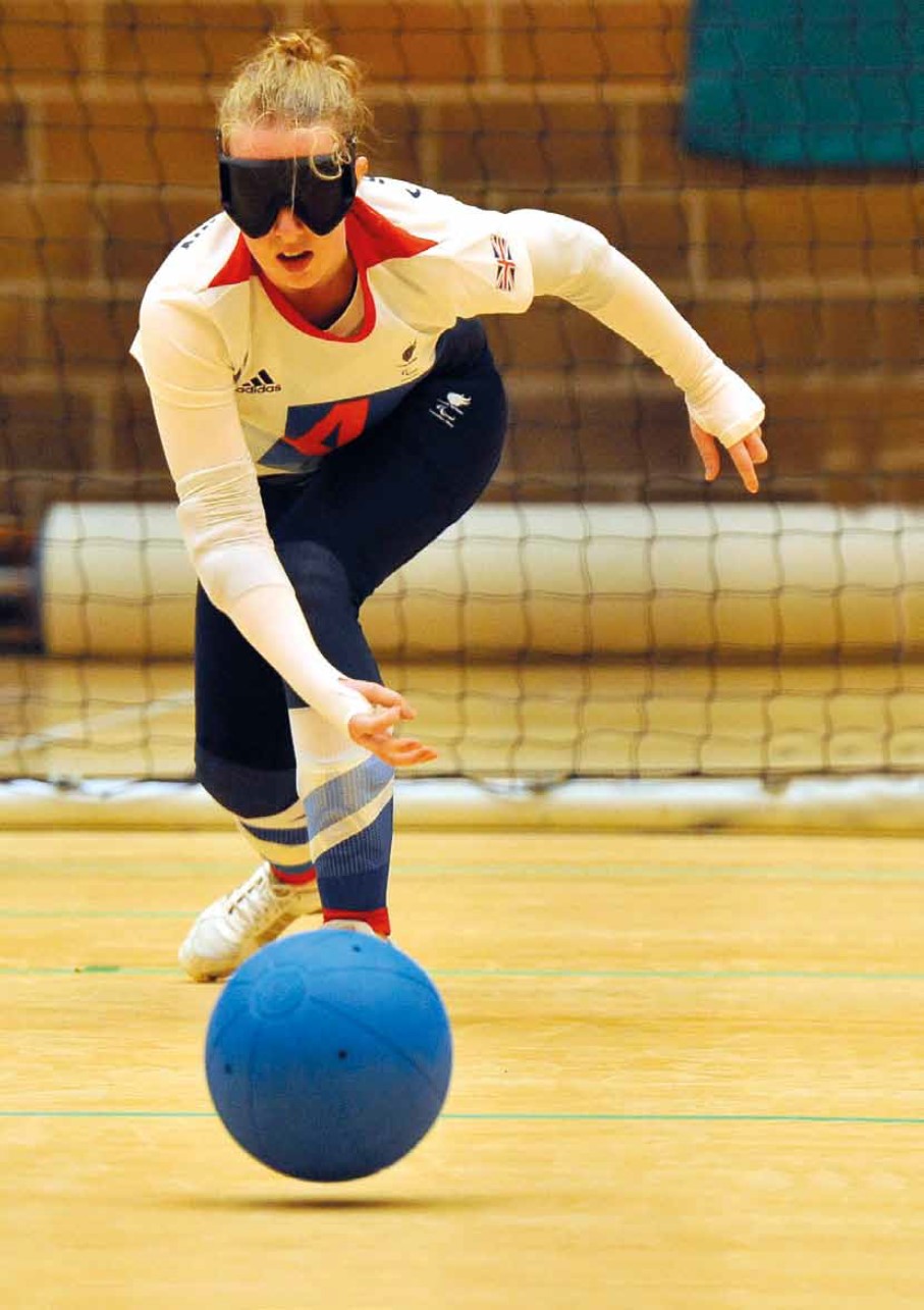 Female GB goalball athlete during international competition.